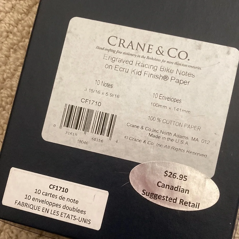 Crane & Co Engraved Racing Bike Notes Ecru Kid Finish Paper Stationery Set of 7